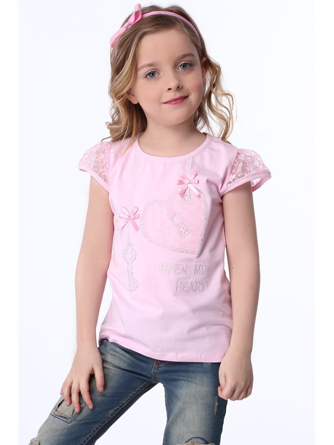 T-shirt with lace sleeves, light pink NDZ8147 - Online store - Boutique